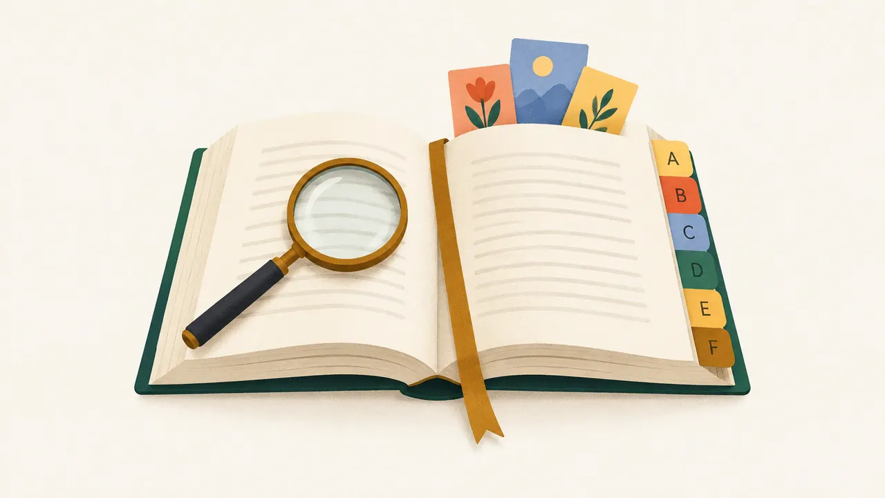 Illustration of an open book with alphabet tabs and a magnifying glass