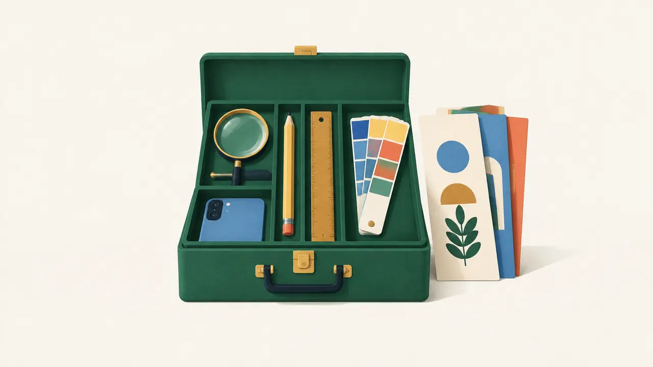 Illustration of an open toolbox with a magnifying glass, pencil, ruler, colour swatches and a phone