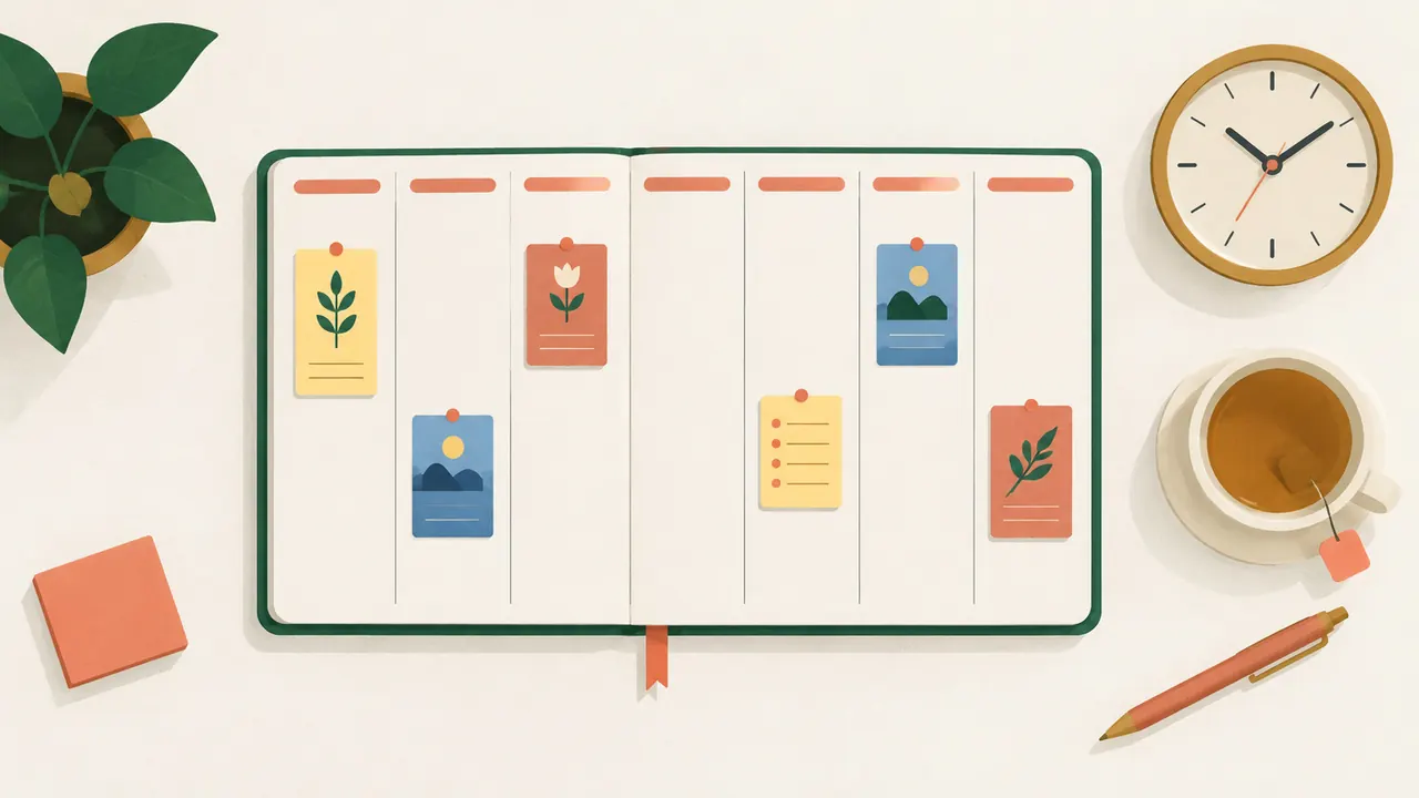 Illustration of a weekly planner with pins placed on different days and a clock