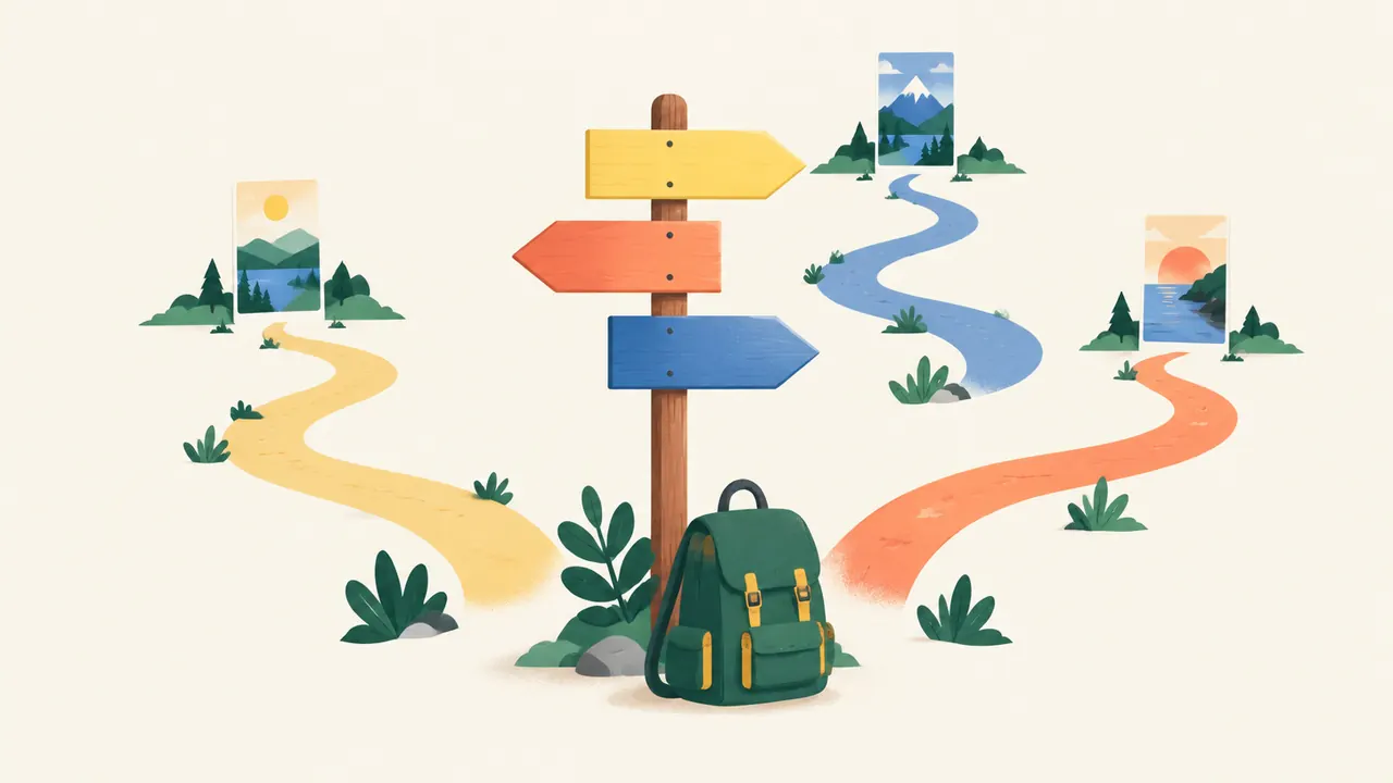 Illustration of a signpost pointing down different paths, each leading to a pin